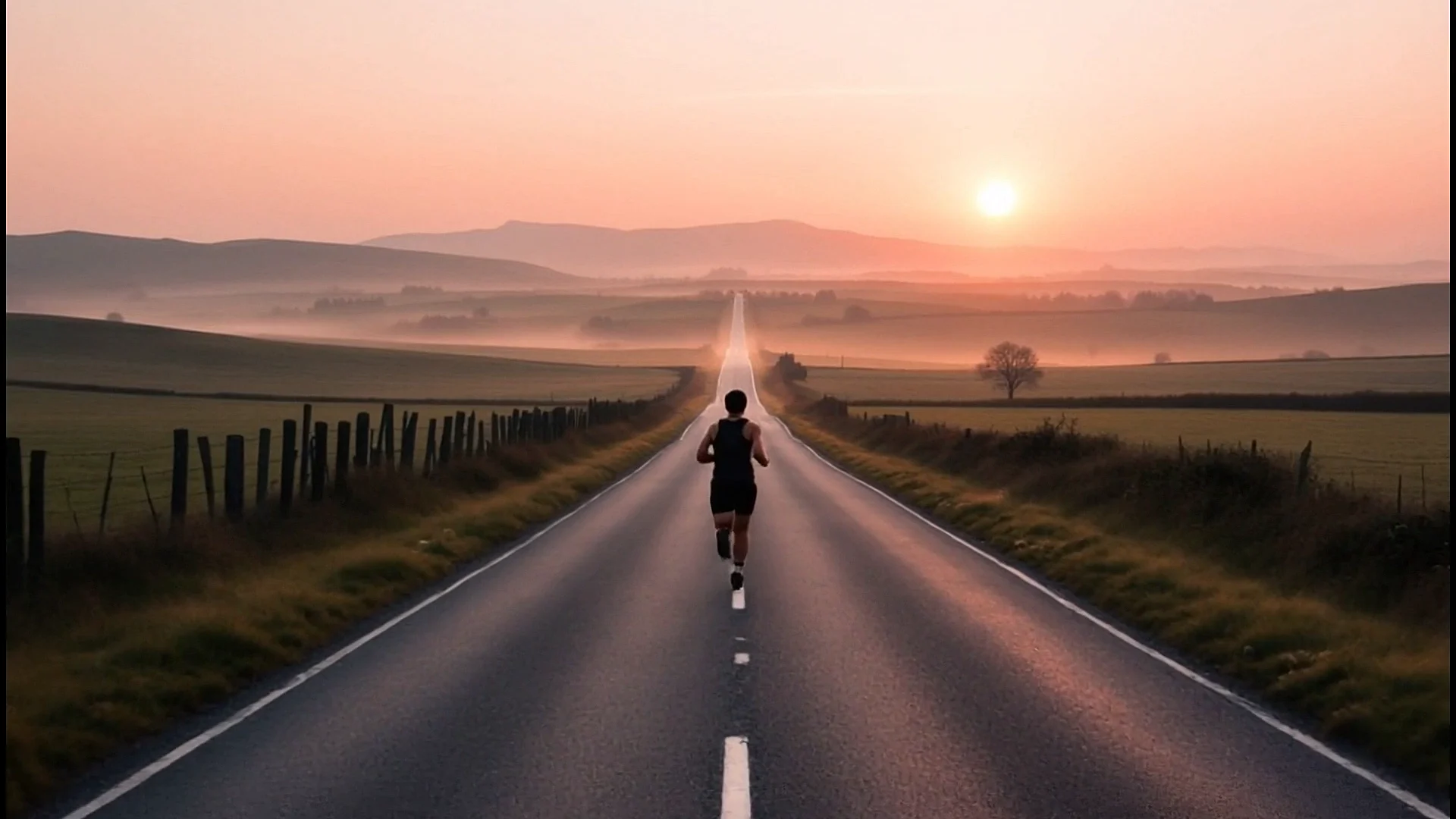 A quiet country road at first light, mist in the valley.