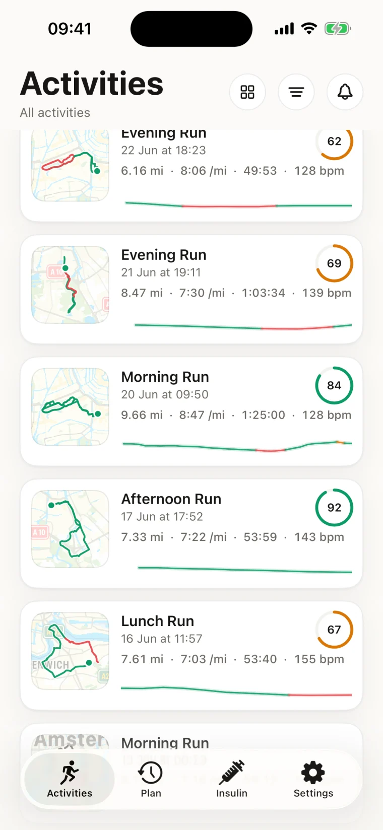 Activities feed: evening, morning, afternoon and lunch runs, each with time in range and a glucose sparkline.