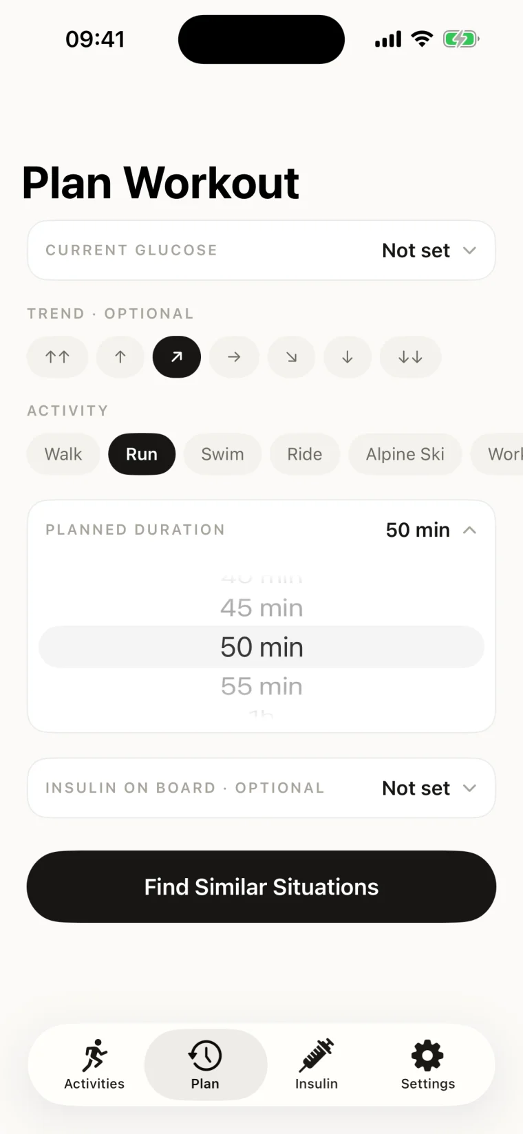 Plan Workout: current glucose, trend arrow, activity, planned duration, insulin on board, Find Similar Situations.